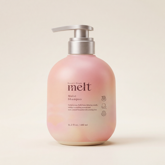 Melt Moist Shampoo 480ml minimalist elegant bottle with a sophisticated rose-gold or soft-toned label, Japanese professional deep-moisturizing and softening hair cleanser.