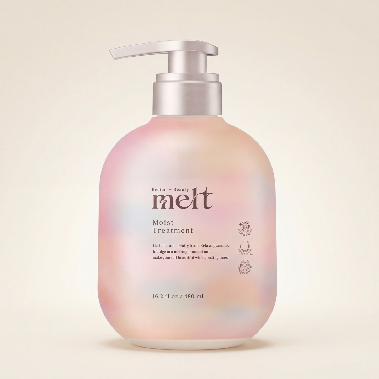 Melt Moist Treatment 480ml minimalist elegant bottle with a sophisticated rose-gold or soft-toned label, Japanese professional deep-moisturizing and cuticle-smoothing hair treatment.