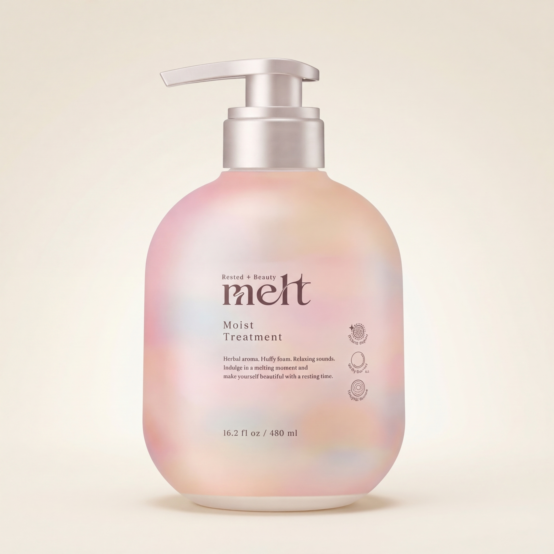 Melt Moist Treatment 480ml minimalist elegant bottle with a sophisticated rose-gold or soft-toned label, Japanese professional deep-moisturizing and cuticle-smoothing hair treatment.
