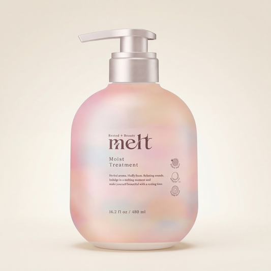 Melt Moist Treatment 480ml minimalist elegant bottle with a sophisticated rose-gold or soft-toned label, Japanese professional deep-moisturizing and cuticle-smoothing hair treatment.