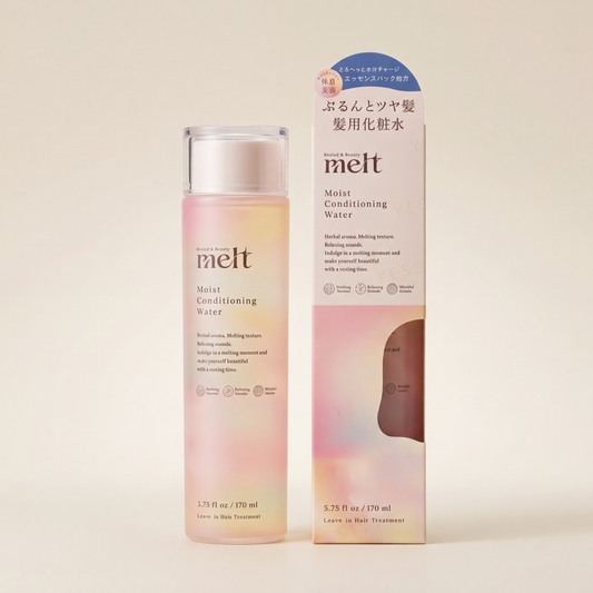 Melt Moist Conditioning Water 170ml elegant spray bottle with a sophisticated rose-gold translucent finish, Japanese professional weightless hydrating and detangling hair mist.