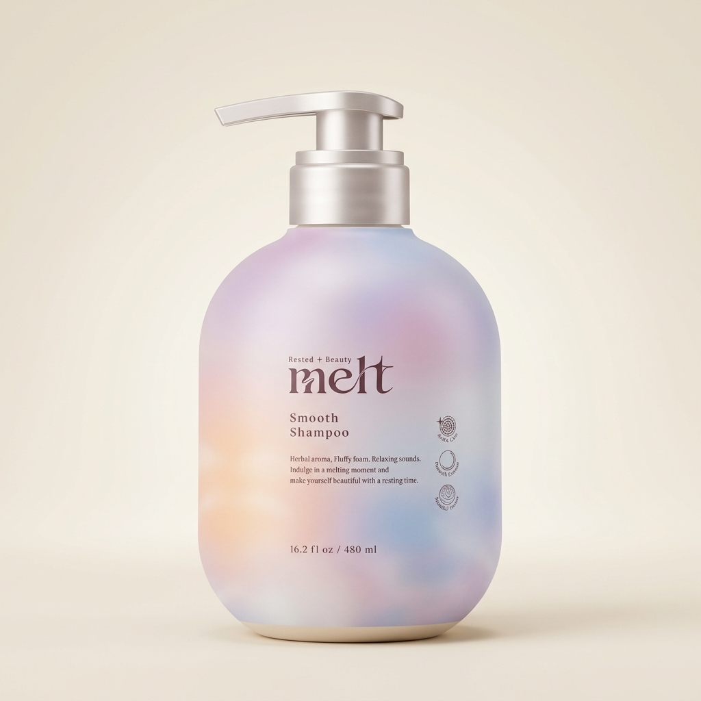 Melt Smooth Shampoo 480ml minimalist elegant bottle with a sophisticated cool-toned or silver-accented label, Japanese professional deep-repairing and smoothing hair cleanser.