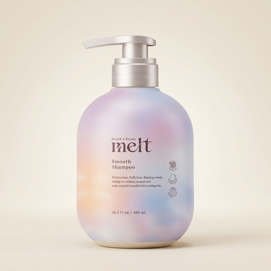 Melt Smooth Shampoo 480ml minimalist elegant bottle with a sophisticated cool-toned or silver-accented label, Japanese professional deep-repairing and smoothing hair cleanser.