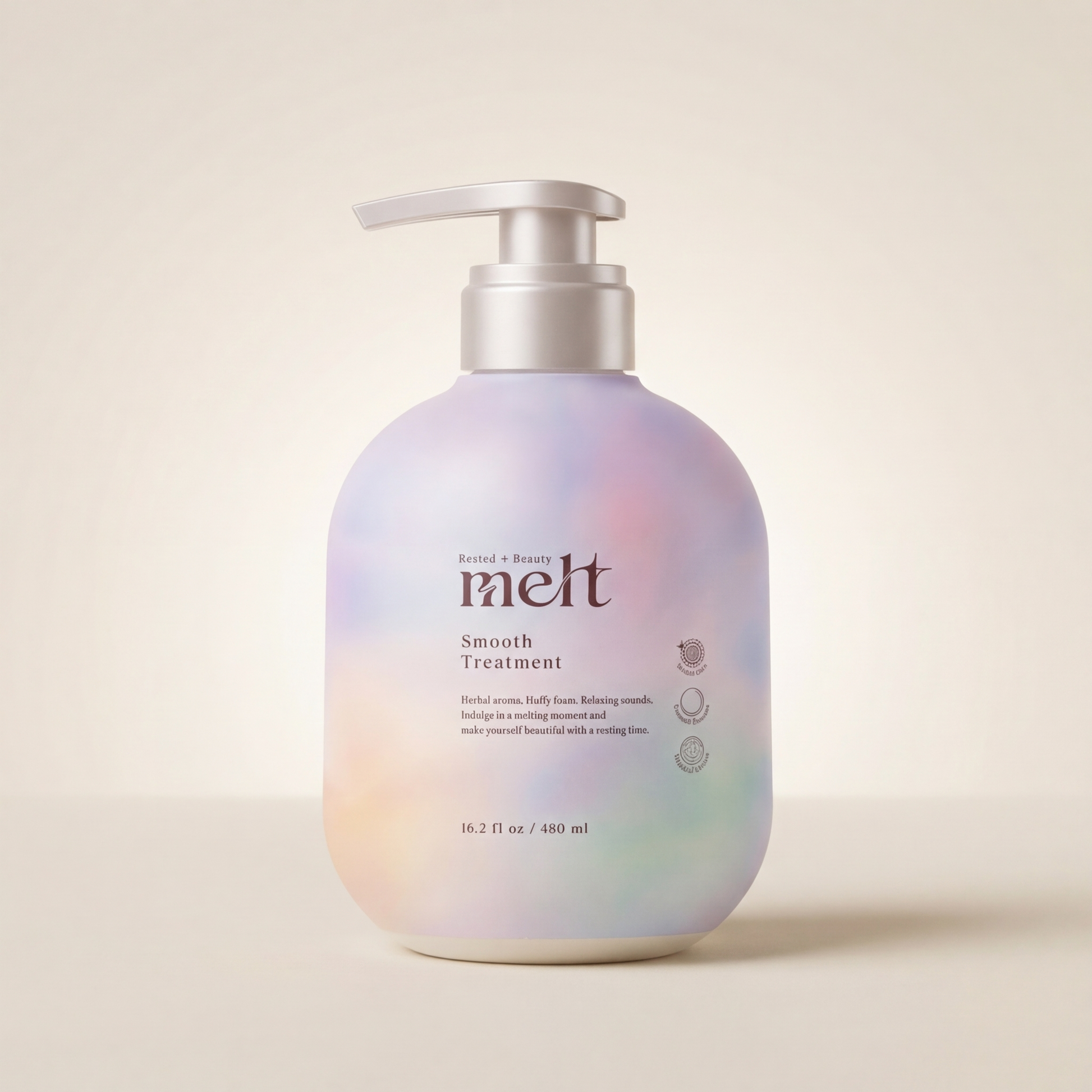 Melt Smooth Treatment 480ml minimalist elegant bottle with a sophisticated cool-toned or silver-accented label, Japanese professional deep-repairing and alignment-enhancing hair treatment.