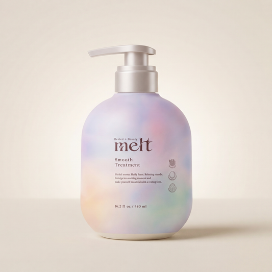 Melt Smooth Treatment 480ml minimalist elegant bottle with a sophisticated cool-toned or silver-accented label, Japanese professional deep-repairing and alignment-enhancing hair treatment.