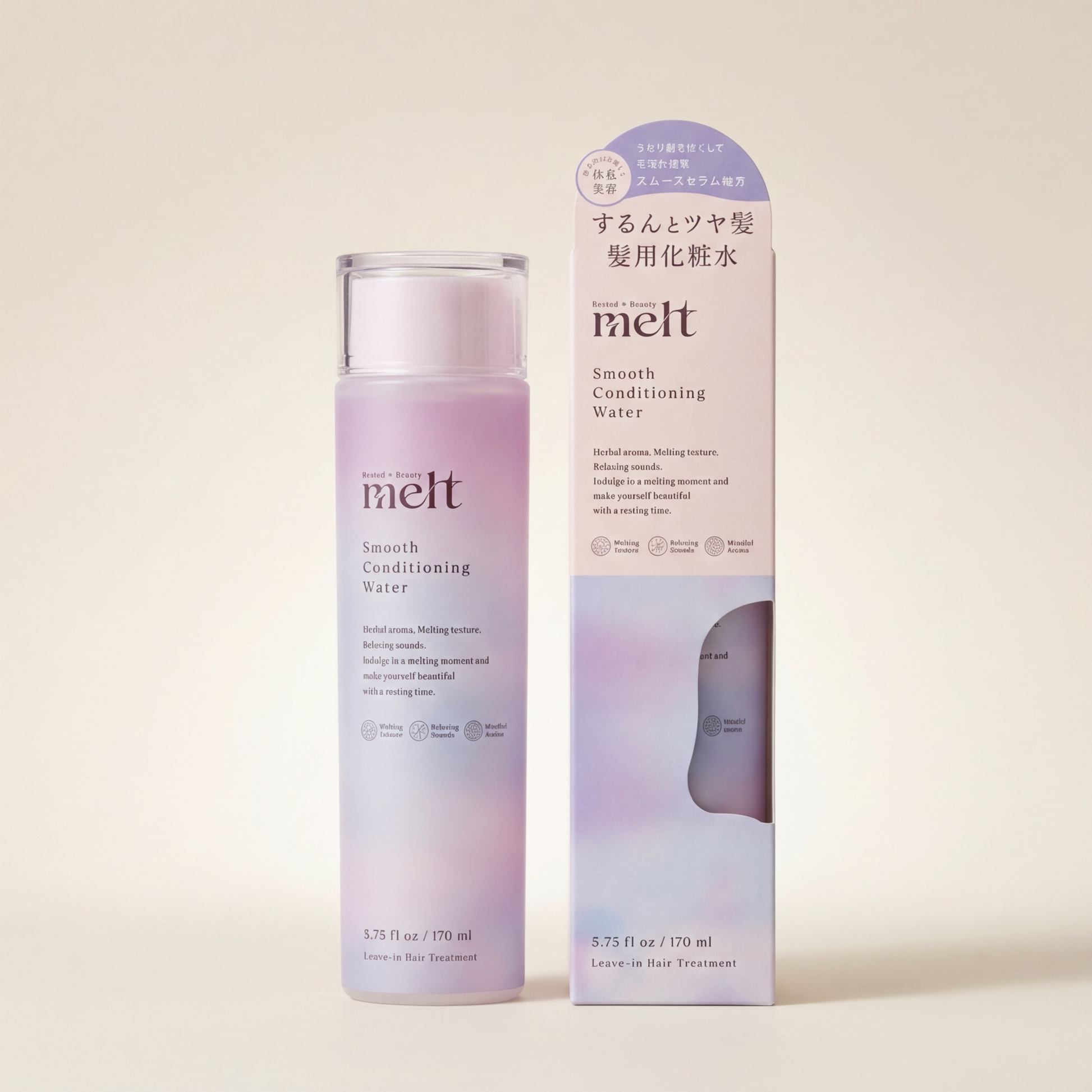 Melt Smooth Conditioning Water 170ml elegant spray bottle with a sophisticated cool-toned translucent finish, Japanese professional weightless repairing and detangling hair mist