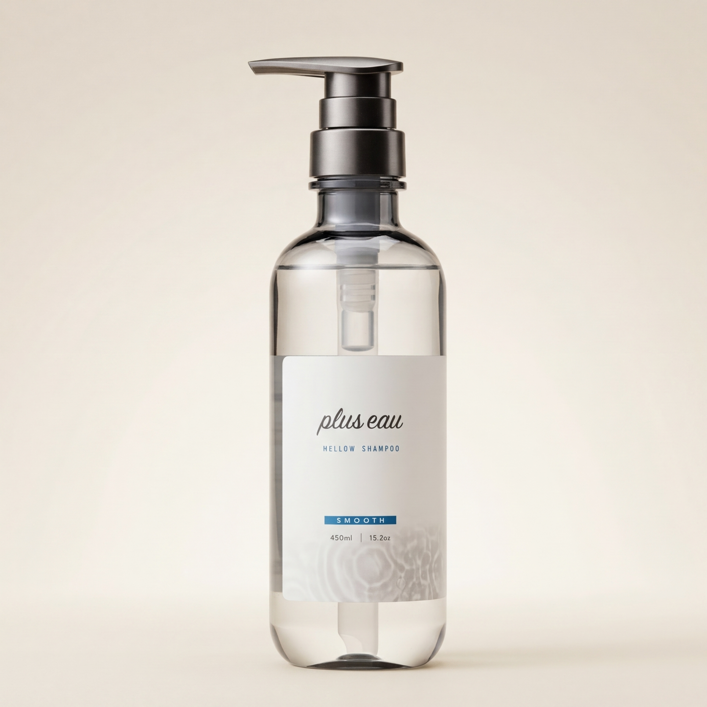 Plus Eau Mellow Shampoo 450ml elegant minimalist bottle with soft labeling, Japanese professional silk-infused and deep-softening hair cleanser.