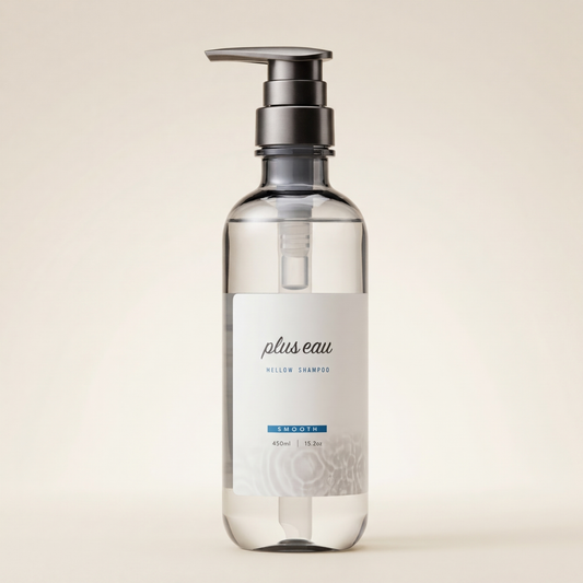 Plus Eau Mellow Shampoo 450ml elegant minimalist bottle with soft labeling, Japanese professional silk-infused and deep-softening hair cleanser.