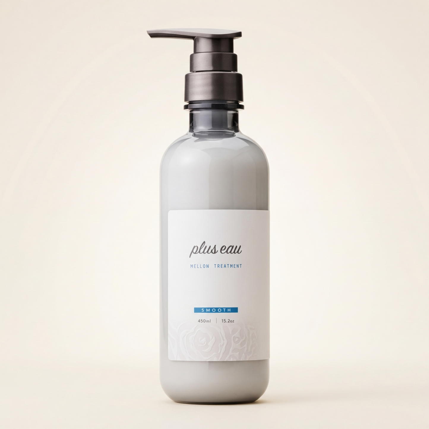 Plus Eau Mellow Treatment 450ml elegant minimalist bottle with soft labeling, Japanese professional deep-repairing and silk-infusing hair treatment.