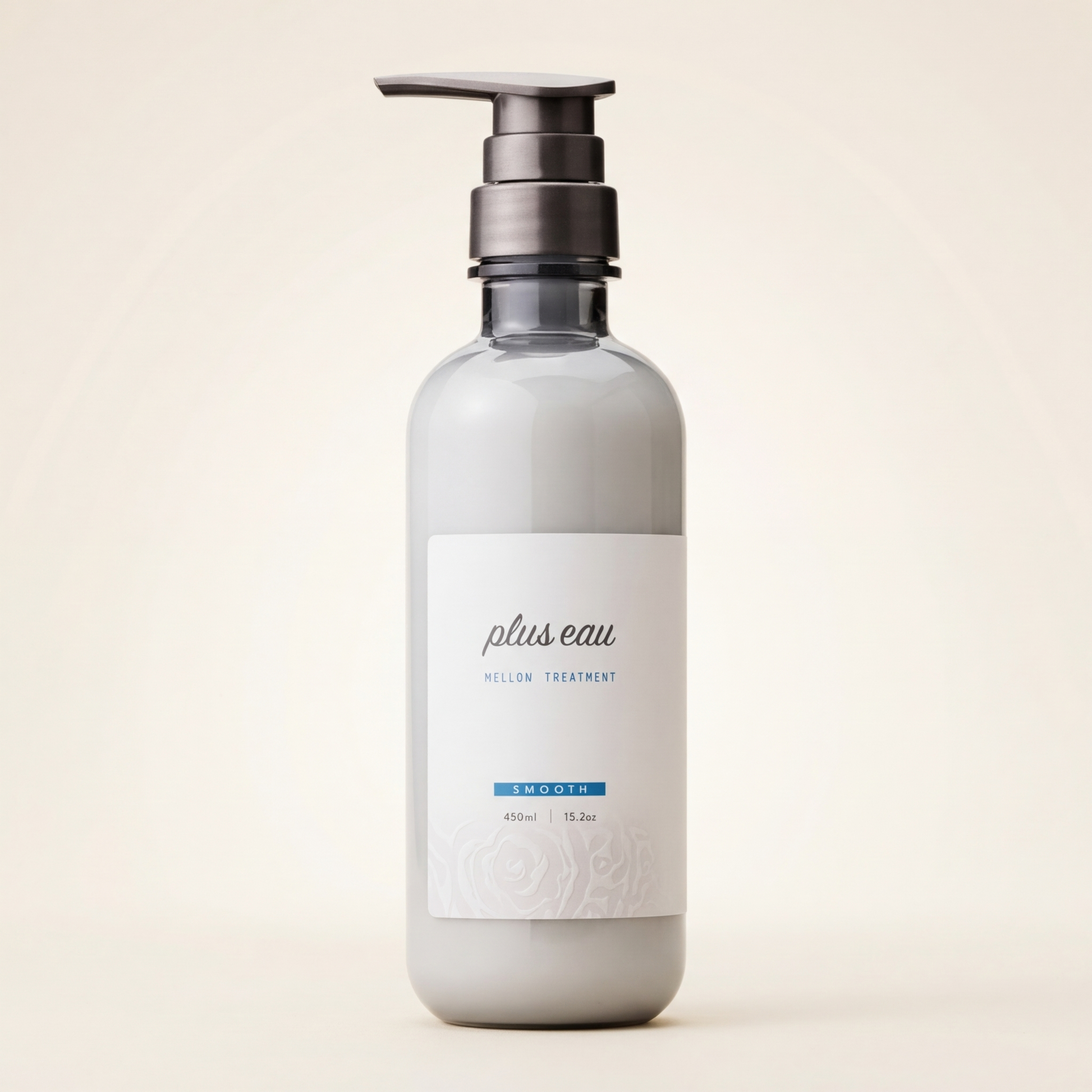 Plus Eau Mellow Treatment 450ml elegant minimalist bottle with soft labeling, Japanese professional deep-repairing and silk-infusing hair treatment.