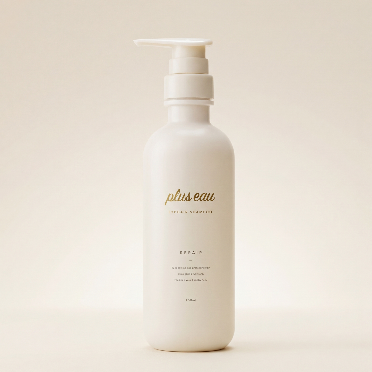 Plus Eau Repore Shampoo 450ml elegant minimalist bottle with clean labeling, Japanese professional scalp-purifying and fiber-repairing hair cleanser.