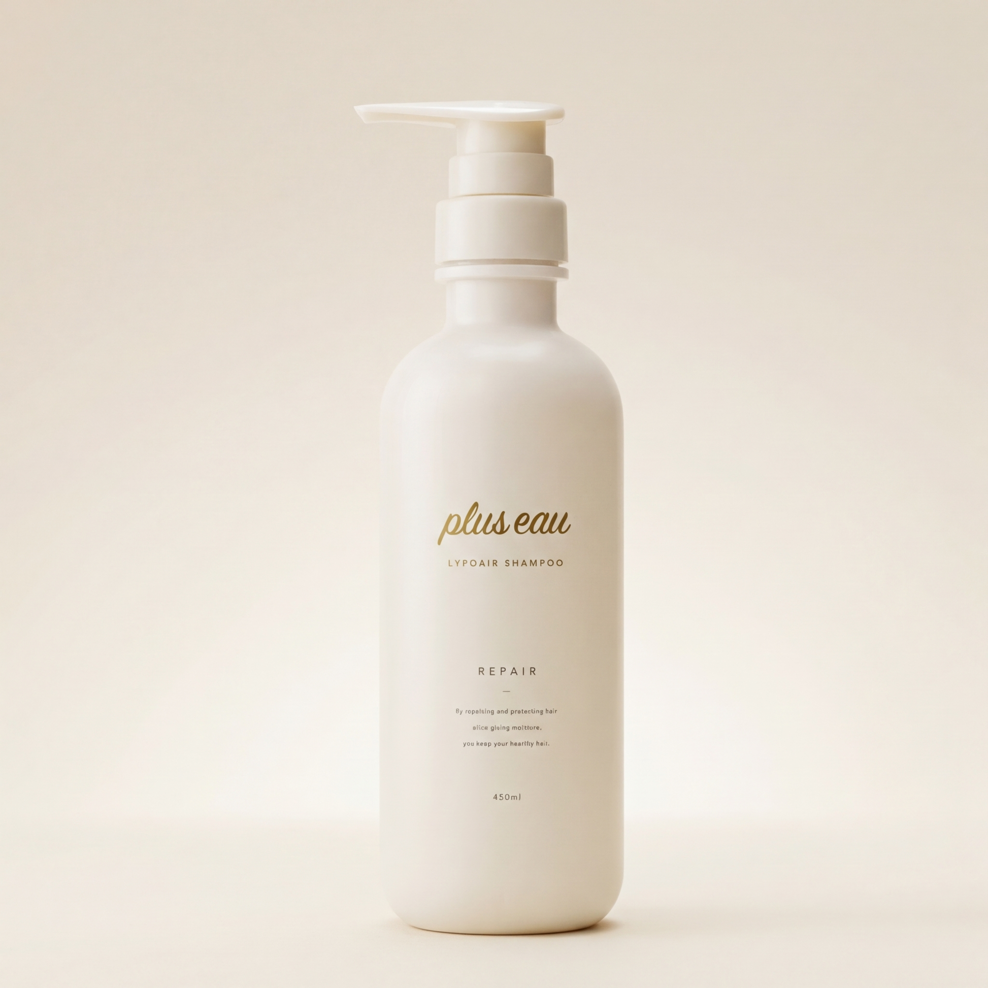 Plus Eau Repore Shampoo 450ml elegant minimalist bottle with clean labeling, Japanese professional scalp-purifying and fiber-repairing hair cleanser.