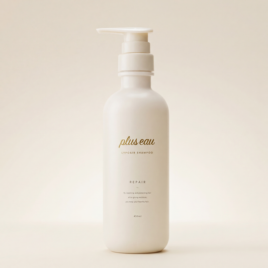 Plus Eau Repore Shampoo 450ml elegant minimalist bottle with clean labeling, Japanese professional scalp-purifying and fiber-repairing hair cleanser.