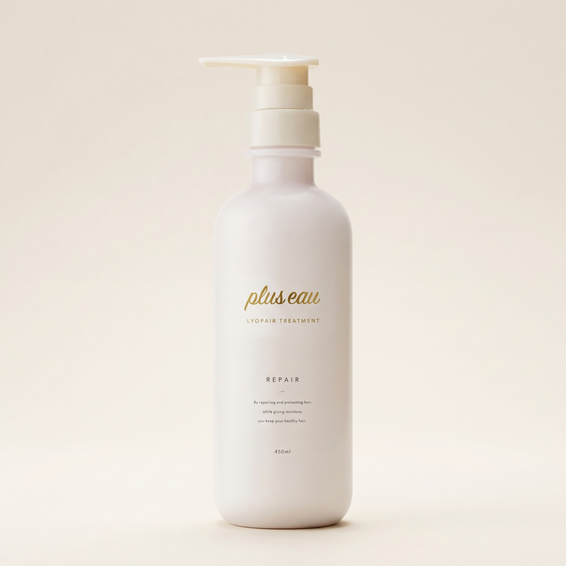 Plus Eau Repore Treatment 450ml elegant minimalist bottle with clean labeling, Japanese professional deep-repairing and fiber-strengthening hair treatment