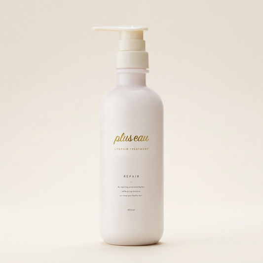 Plus Eau Repore Treatment 450ml elegant minimalist bottle with clean labeling, Japanese professional deep-repairing and fiber-strengthening hair treatment
