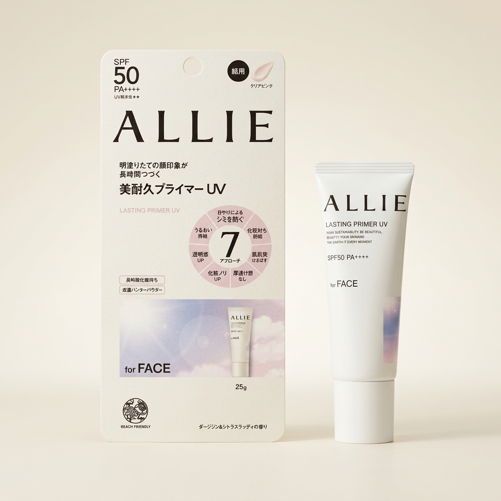 Allie Chrono Beauty Lasting Primer UV Clear Pink 25g sleek minimalist tube, Japanese professional high-UV protection and color-correcting makeup base.