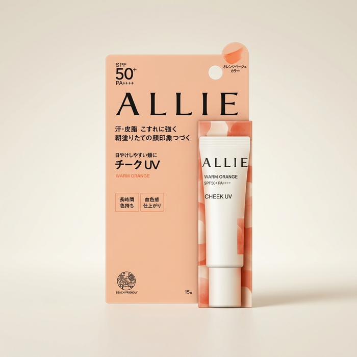 Allie Chrono Beauty Color On UV Cheek 02 Warm Orange 15g minimalist tube, Japanese professional high-UV protection liquid blush for the cheeks.