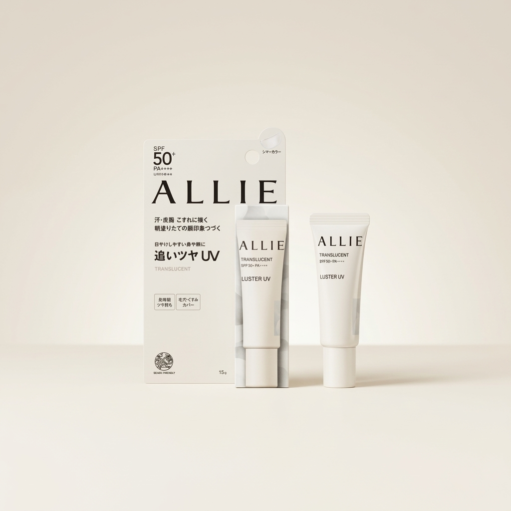 Allie Chrono Beauty Color On UV Luster Translucent 15g minimalist tube, Japanese professional high-UV protection liquid highlighter for a dewy finish.