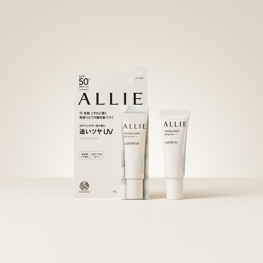 Allie Chrono Beauty Color On UV Luster Translucent 15g minimalist tube, Japanese professional high-UV protection liquid highlighter for a dewy finish.