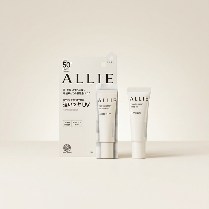 Allie Chrono Beauty Color On UV Luster Translucent 15g minimalist tube, Japanese professional high-UV protection liquid highlighter for a dewy finish.