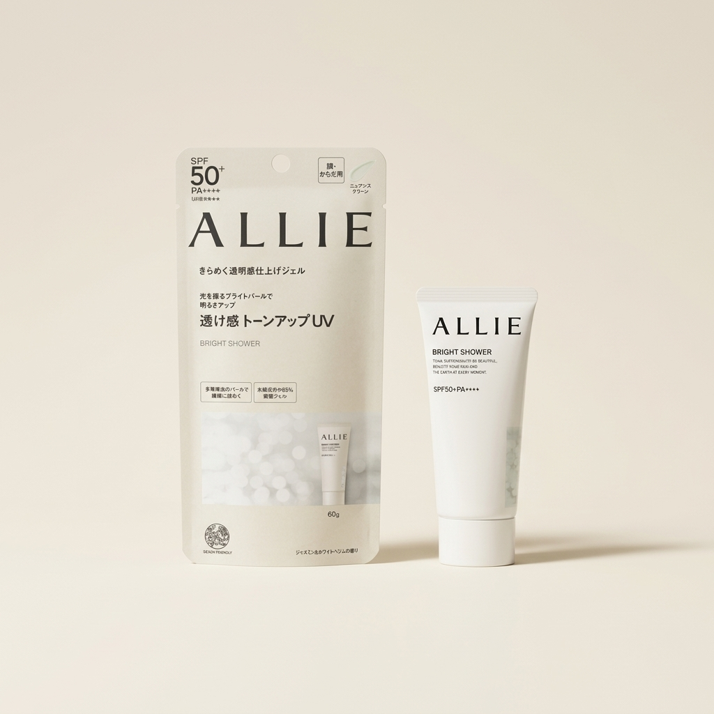 Allie Chrono Beauty Tone Up UV 01 Bright Shower 60g tube, Japanese professional high-UV protection and skin-brightening pearlescent sunscreen gel.