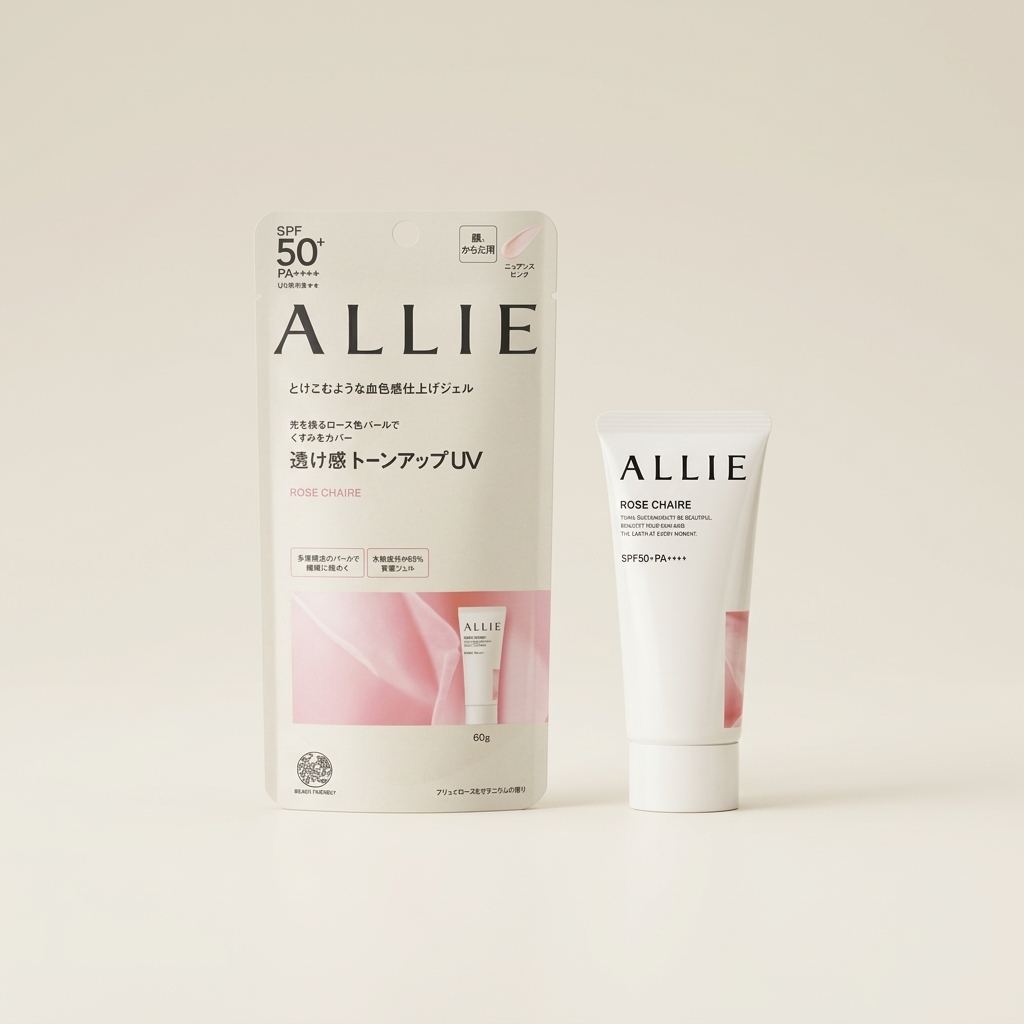 Allie Chrono Beauty Tone Up UV 02 Rose Chaire 60g tube, Japanese professional high-UV protection and rosy-tinted brightening sunscreen gel.