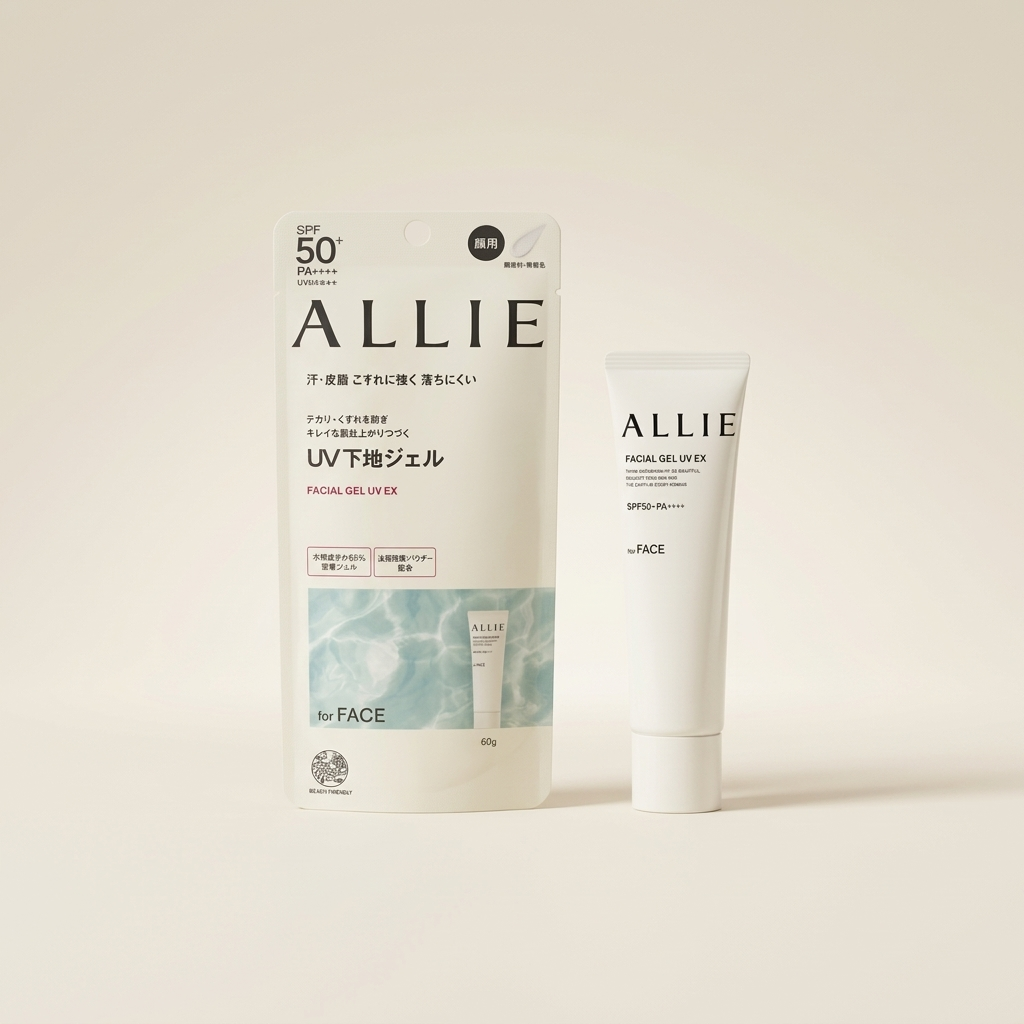 Allie Chrono Beauty Facial Gel UV EX 60g sleek minimalist tube, Japanese professional high-UV protection and oil-absorbing facial sunscreen gel.