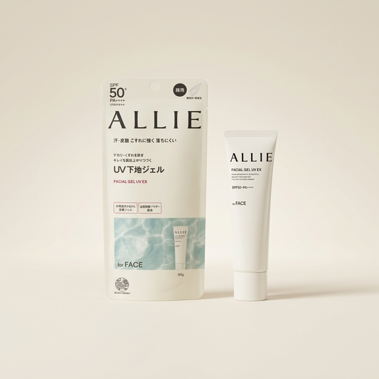Allie Chrono Beauty Facial Gel UV EX 60g sleek minimalist tube, Japanese professional high-UV protection and oil-absorbing facial sunscreen gel.