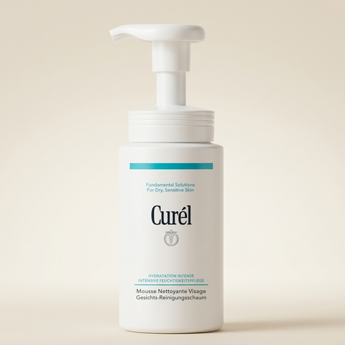Curel Foaming Facial Wash 150ml pump bottle, Japanese professional ceramide-care and soap-free gentle foaming cleanser for sensitive skin.